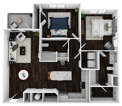 Floor plan for 2 beds, 2 baths, 1121 sqft